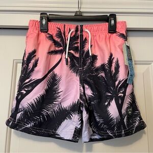 NWT Spicy Tuna Boy’s 12 Swim Trunks Swimsuit Shorts Pink Palm Trees Drawstring